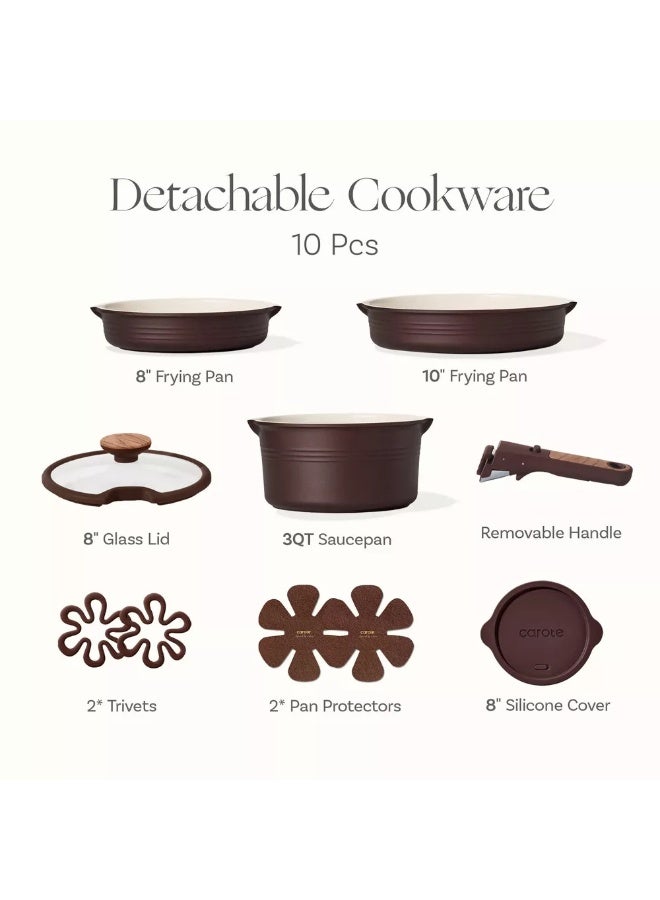 Carote 10-Piece Ceramic Nonstick Cookware Set with Detachable Handle, PFAS-Free Healthy Cooking Pots & Pans, Stackable Design with Pour Spouts, All-Stovetop Compatible, Dishwasher Safe (Chocolate) - Image 2